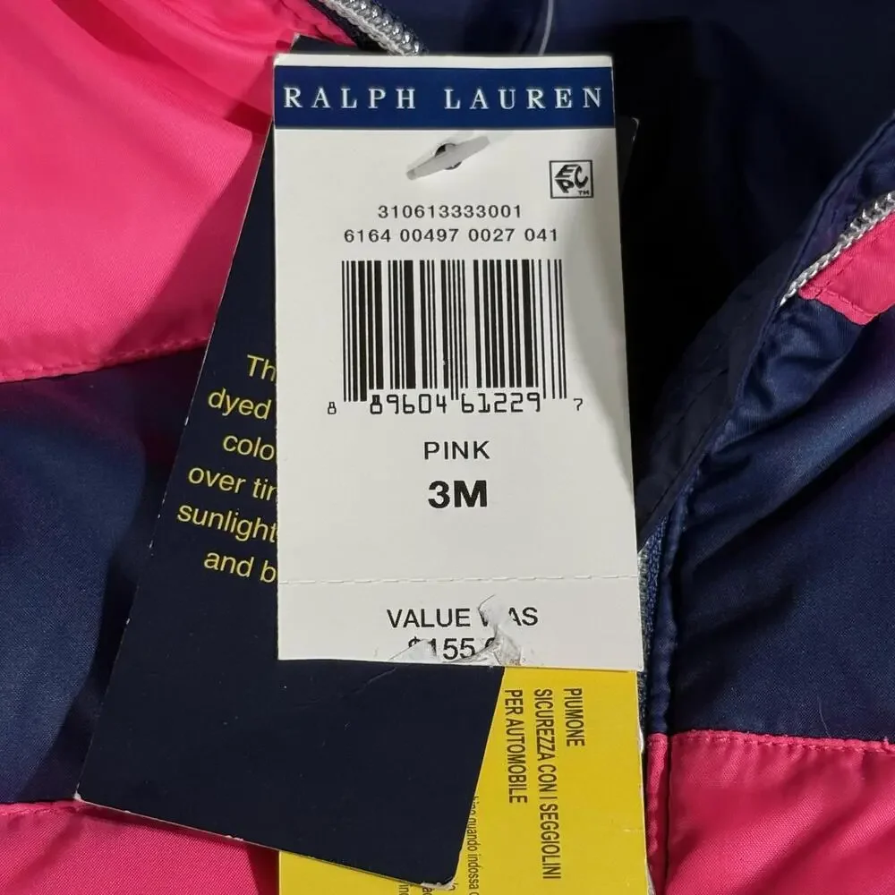 Ralph Lauren Jacket Infant Girls 3M Pink Navy Hooded Down Puffer Winter Coat